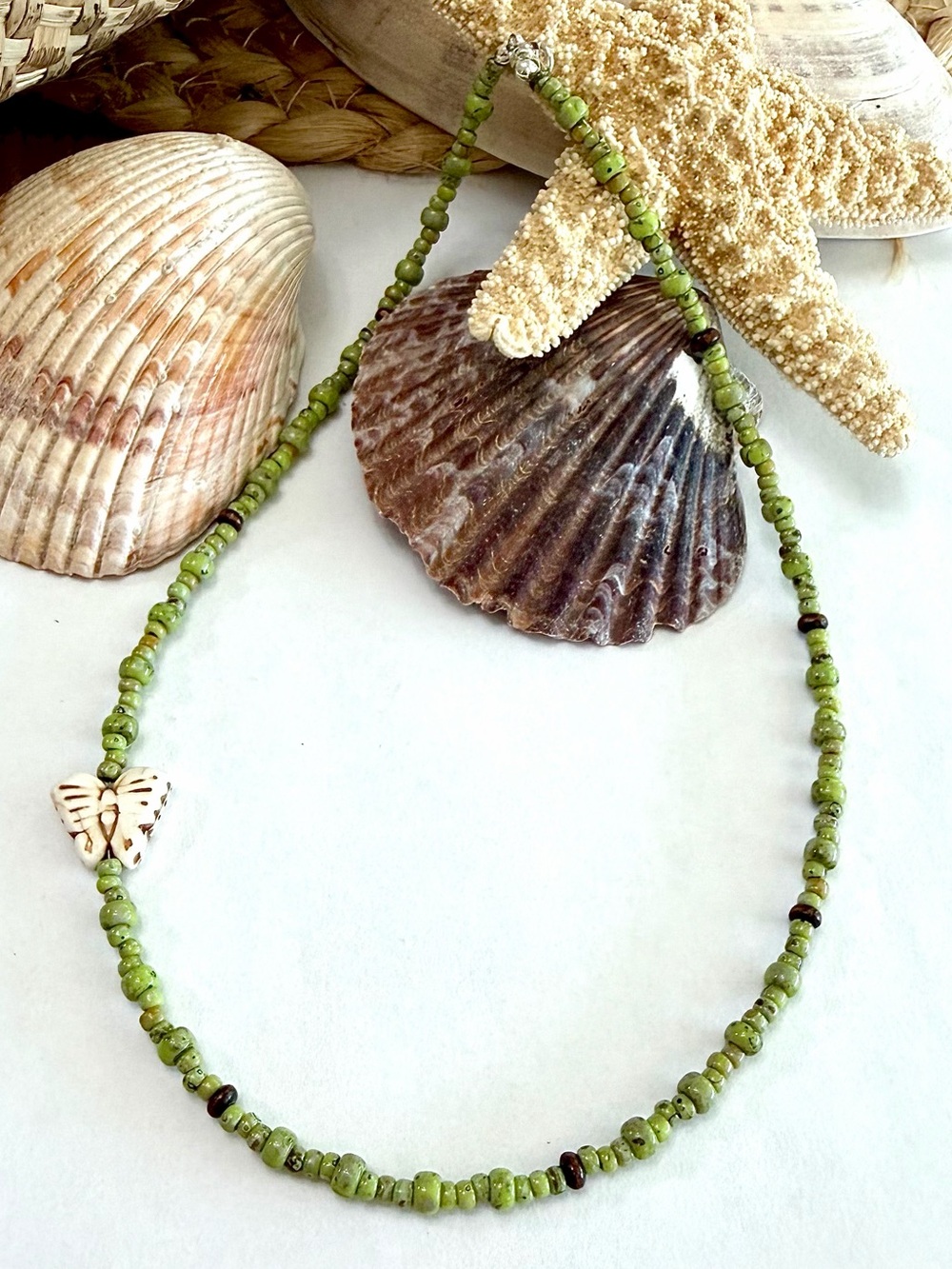 Organic Green Speckled Picasso Butterfly Beaded Necklace